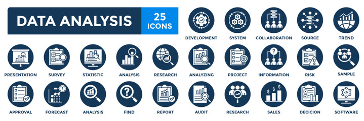 Data analysis icon collection set. Containing analysis,information, trend, forecast, decision,risk,research,report icon.