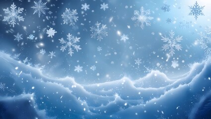 Winter background with falling snowflakes and icy texture.