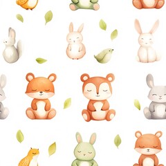 Obraz premium Whimsical Baby Animal Seamless Pattern in Soft Watercolor - Bears, Foxes, Bunnies, Owls