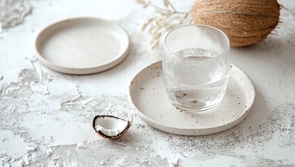 Obraz premium Glass of water on a speckled plate next to a coconut and small piece of coconut on a textured surface.