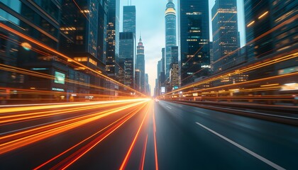 Futuristic highway with light trails in a modern cityscape.	
