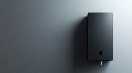 Sleek black tankless water heater mounted on light gray wall in modern setting
