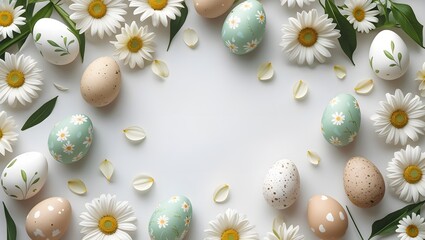 Decorative Easter eggs and daisies on a white background.