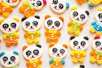 Obraz premium Colorful panda-shaped cookies arranged on white background.