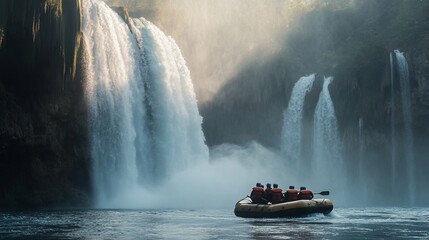 Raft approaching majestic waterfalls in a scenic canyon.