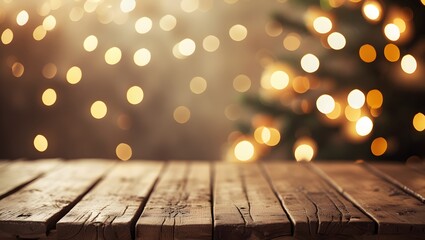 Warm golden bokeh lights over a rustic wooden surface.	