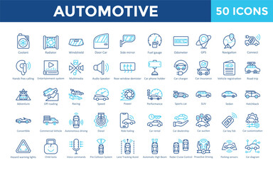Naklejka premium Automotive icon set with coolant, radiator, windshield, door car, side mirror, fuel gauge, odometer, gps, navigation icon. Simple outline color vector 