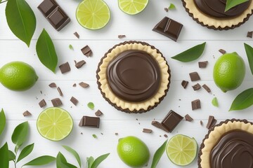 Overhead shot of chocolate lime tarts, chocolate pieces, lime slices & leaves on white wood.