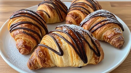 Fototapeta premium Freshly Baked Croissants Drizzled with Chocolate and Powdered Sugar