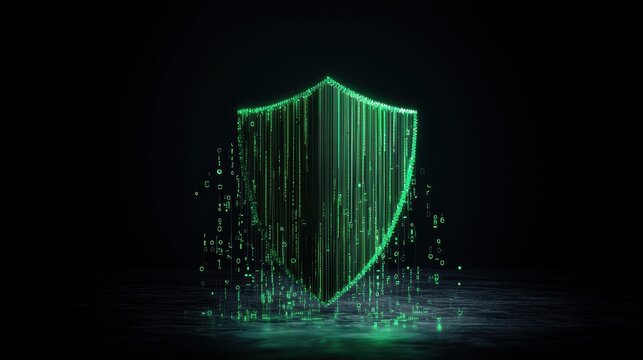 A minimalist shield icon formed by green lines of code, signifying software based security measures and data protection.