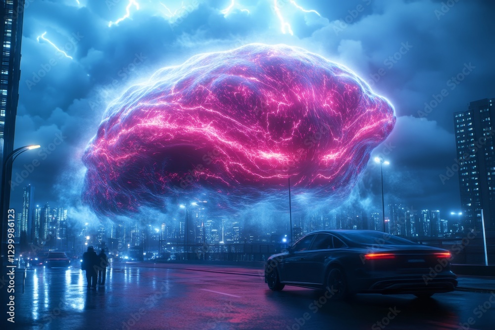 Poster A high-tech cyberpunk defense system using force fields to stop a glowing neon-colored avalanche from destroying a futuristic city