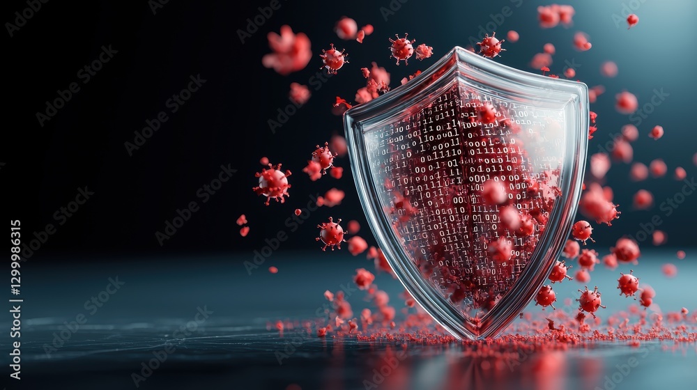 Poster a transparent shield with binary code streaming across its surface, deflecting a barrage of red malw