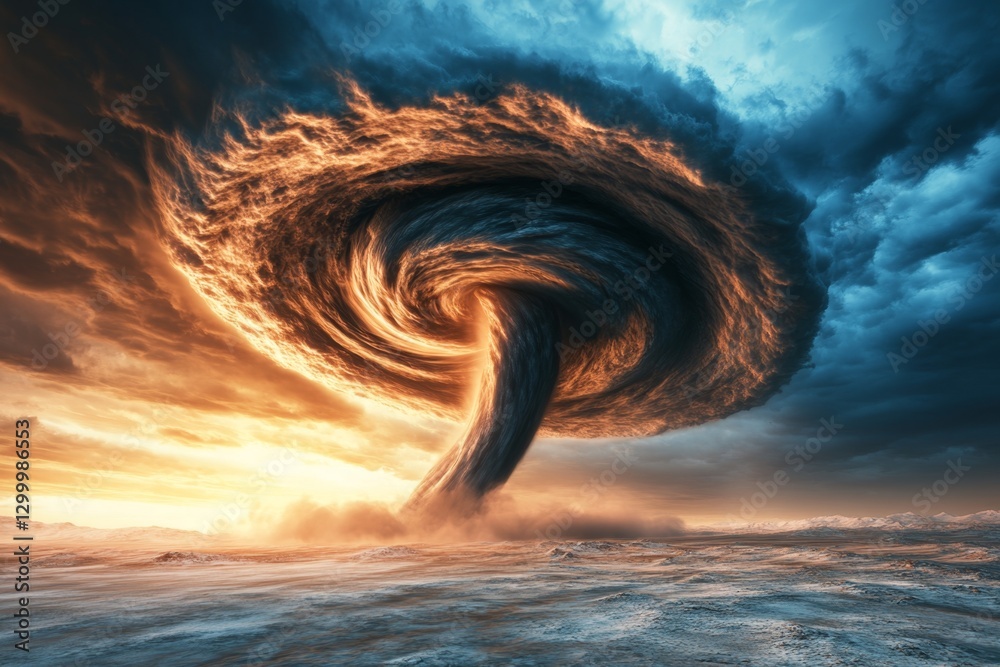 Poster a highly detailed 3d-rendered tornado simulation, showing wind currents and air pressure in action