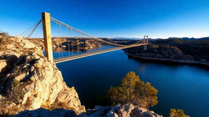 Suspension Bridge Spanning Serene Reservoir Landscape