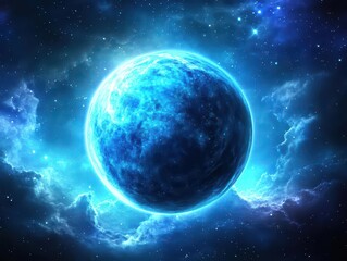 Glowing Blue Planet in a Cosmic Nebula