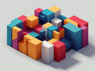 Fototapeta premium Floating 3D geometric blocks in contrasting colors, perfect for technology and business presentations.
