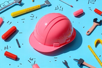Labour day celebration with hard hat and tools on blue background