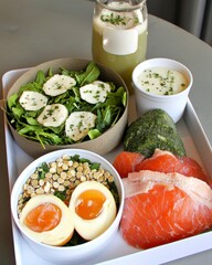 Healthy Breakfast Platter Smoked Salmon, Soft Boiled Eggs, and Green Salad