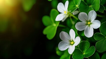 Delicate White Wood Sorrel Flowers and Lush Green Clover Leaves a Symbol of Spring and Renewal