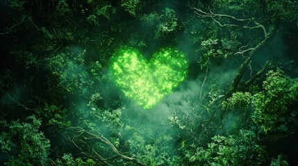 Fototapeta premium Glowing Green Heart in Lush Forest at Night