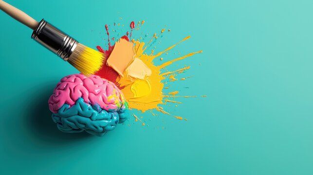 A brain holding a paintbrush, splattering colorful paint on a canvas, as a lightbulb above shines brightly, representing creativity and artistic expression.