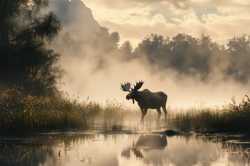 Naklejka premium Majestic bull moose silhouetted in morning mist by a tranquil lake, reflecting in calm water.