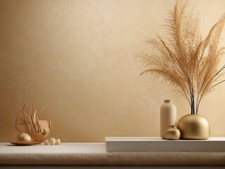 interior design scene with flowers, warm colored background with warm golden light in the corner of the room.