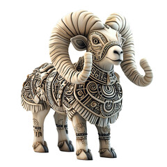 Obraz premium Cartoonish 3D Bighorn Sheep Sculpture with Aztec-Inspired Patterns in White Color