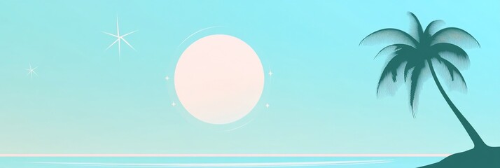 Tranquil beach scene with a palm tree and pastel sun.