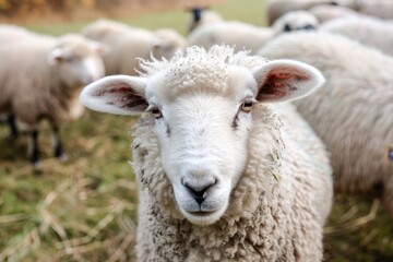 Obraz premium A close-up photo of a fluffy white sheep with a thick woolly coat gazing directly at the camera, A fluffy sheep with a thick woolly coat