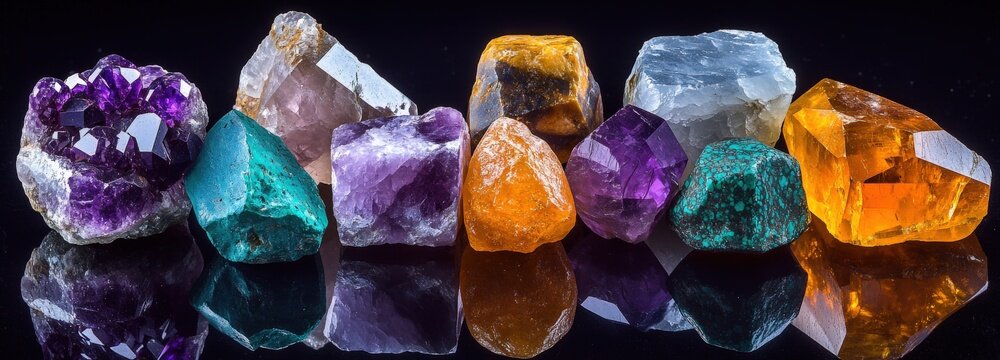Stunning collection of raw gemstones including amethyst, quartz, malachite, and citrine