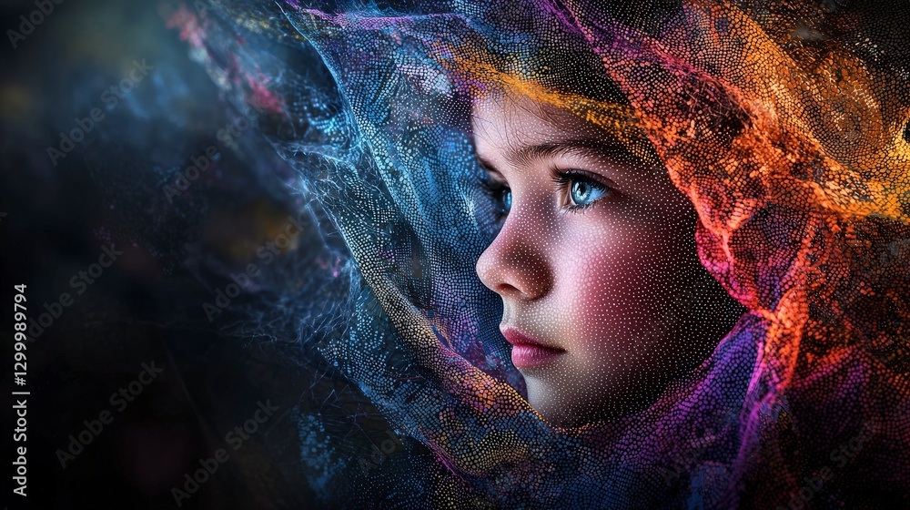 Poster portrait of a girl in colorful dots digital art creation studio environment close-up view abstract c