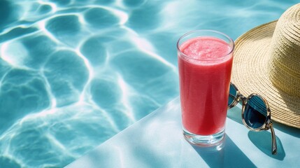 Obraz premium Fresh Watermelon smoothie drink with sunglasses on border of a swimming pool,Summer season,holiday tropical concept,mojito cocktails at summer pool party.