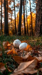 Obraz premium Enigmatic Spheres Amidst Autumnal Forest Floor Captivating Woodland Scene with Mysterious Objects
