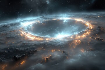 Naklejka premium A stunning cosmic scene depicting a luminous circular formation amidst swirling clouds in space