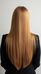 Naklejka premium Beautiful model girl with blond hair strand,silky healthy chestnut wavy hair strand,hair wavy ribbon, with smooth,Keratin straightening,Treatment,straight long hair,procedures,Smooth hairstyle.