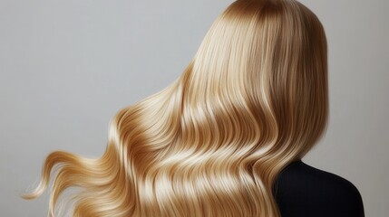 Fototapeta premium Beautiful model girl with blond hair strand,silky healthy chestnut wavy hair strand,hair wavy ribbon, with smooth,Keratin straightening,Treatment,straight long hair,procedures,Smooth hairstyle.