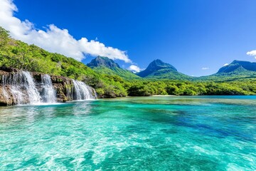 A lush rainforest-covered island with waterfalls cascading down the cliffs into the sea