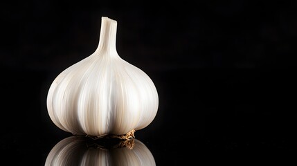 Premium Studio Photography of a Single Garlic Bulb on Reflective Surface with Dark Background