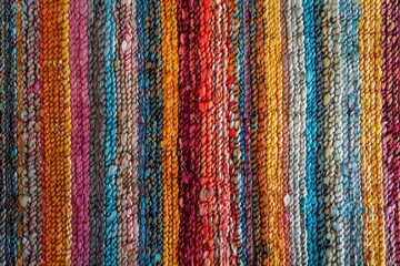 A close up of a colorful ribbed rug with alternating bands of topaz, Ribbed, ribbed texture with alternating bands of color