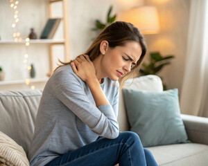 Obraz premium Beautiful young woman suffering from pain in shoulder at home