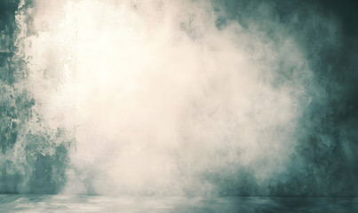 Fototapeta premium Grungy textured background, faded cream and teal wall, smoky effect, concrete floor, dramatic lighting, vintage feel, empty studio space, product photography backdrop.