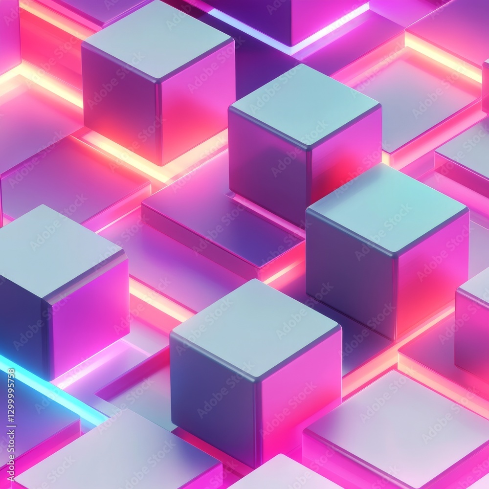 Poster Luminous Cube Grid: Abstract geometric landscape with glowing neon edges and pastel colored blocks, creating a modern, futuristic texture.