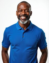 Smiling middle-aged African American man with beard in blue polo shirt on transparent backdrop. Mature male portrait, showing friendly confident casual attire. Happy man shows positive employee