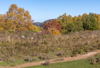 autumn, the morning light of the rising sun illuminates the alpine meadows and the slopes of the...