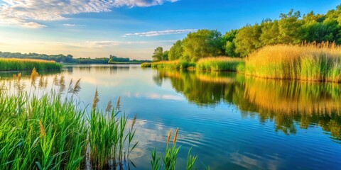 Obraz premium Serene lake shore with tall grass and reeds along a peaceful water's edge surrounded by lush greenery, grass, Brandenburg