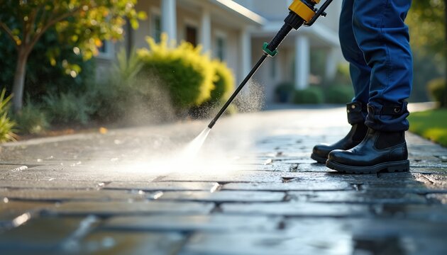 Close up of worker using high pressure washer to clean dirty driveway. Person washes paving stones with water spray, removes dirt and grime. Home exterior cleaning service.