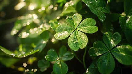 A softly lit, close-up scene of shamrock leaves with a bright, ethereal glow against a blurred, light background with bokeh effects.