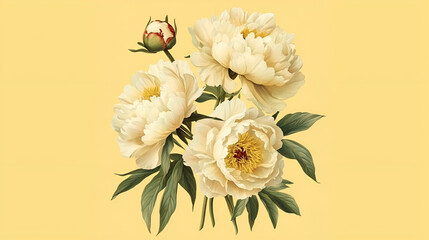 Vintage bouquet of beautiful peonies on soft yellow. Floral background. Baroque old fashiones style. Natural flowers pattern wallpaper or greeting card.