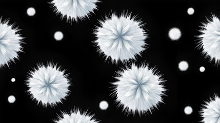 Fototapeta premium Winter furry pompoms, shaggy feather. Fluffy fur hairy texture. Isolated fuzzy shapes on dark background. Vector illustration